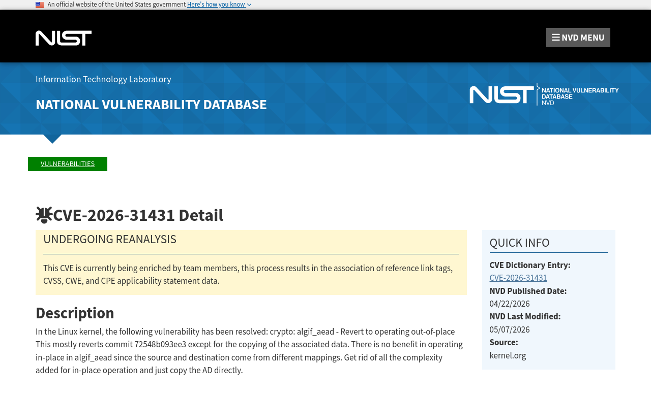 NVD advisory — CVE-2026-31431