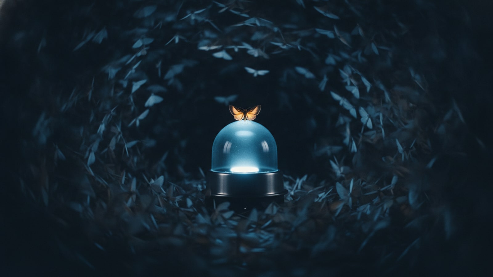 A single sealed glass beacon glowing cold blue, engulfed by an uncountable swarm of identical moths, with one amber moth perched on the outside of the dome